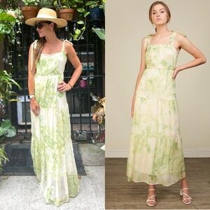 LINE+DOT Watercolor Leaf Print Chiffon Sleeveless Tie Strap Tier Ruffle Dress L